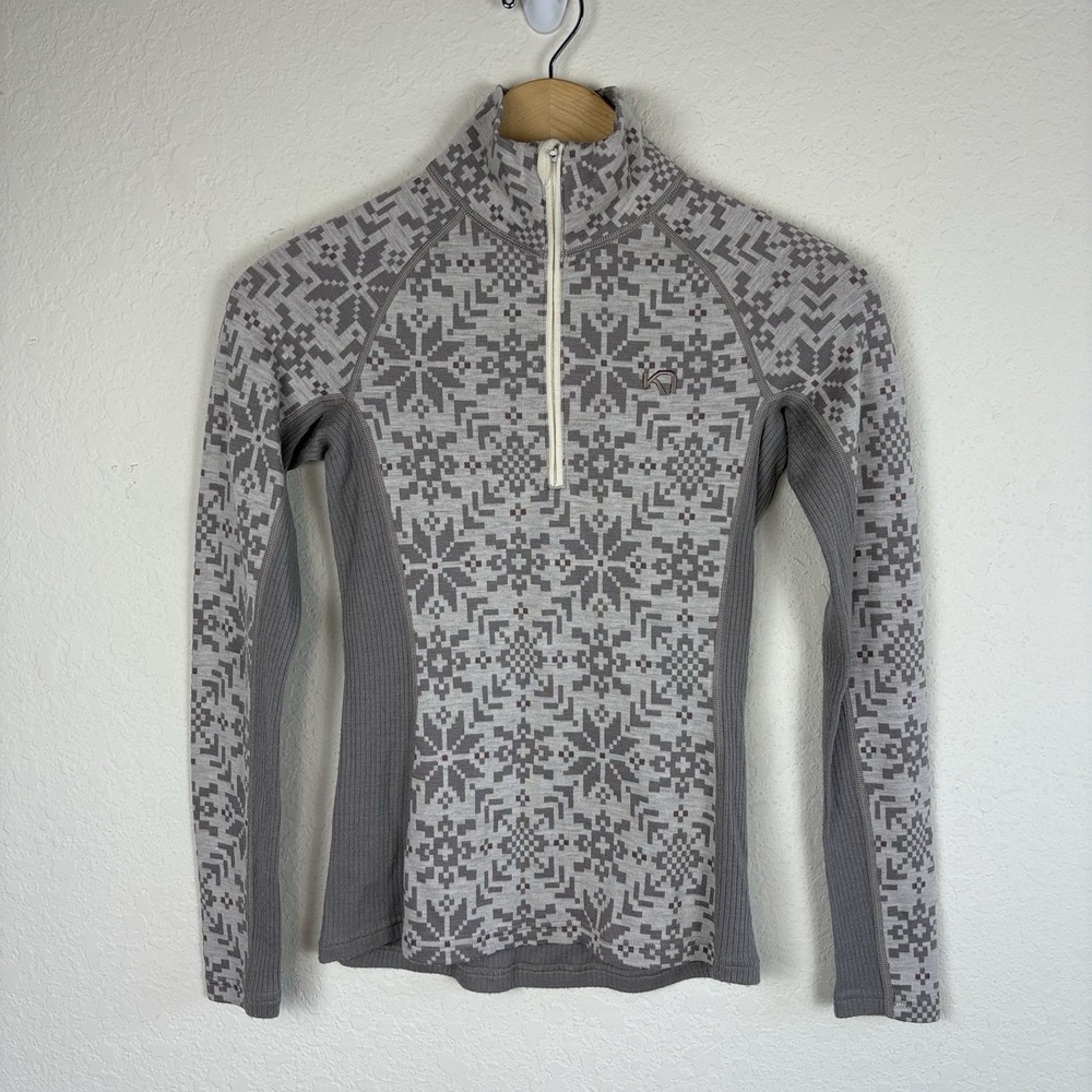 Kari Traa 1/4 Zip 100% Merino Wool Base Layer Top Nordic Grey Snowflake Size S